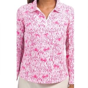 IBKUL  Kendra Pink Elephant Long Sleeve Shirt 1/4 Zip Pullover Size XL UPF 50